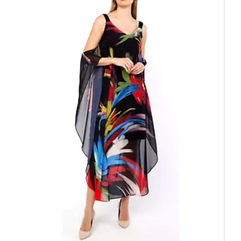 $199 MSRP Frank Lyman Design Black/Multi Floral Cold Shoulder Maxi Dress Sz M